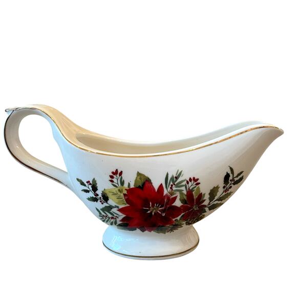 Grace Teaware Christmas Poinsettia Porcelain Footed Gravy Boat New - Picture 2 of 11